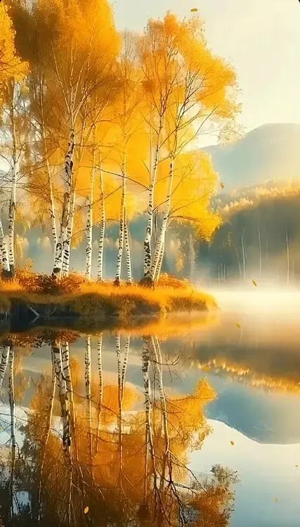 秋日白桦林，金色童话，静谧湖面倒影如画。🍂🍁🍂#秋冬美景手摄# #秋湖景#
