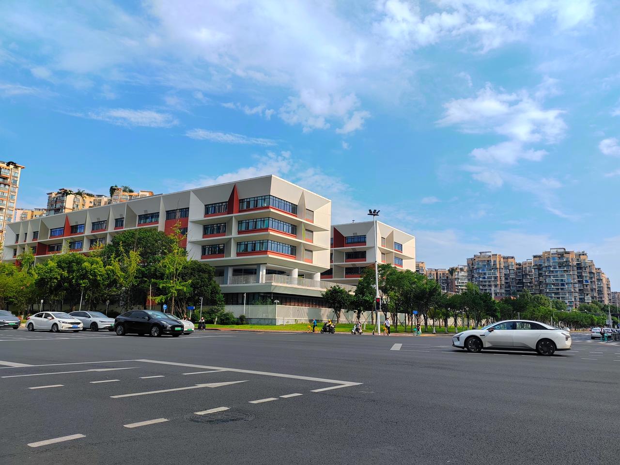 街畔新校舍（锦城小学）
晴云漫卷碧天长，新筑楼宇立路旁。
红棱白壁藏书韵，绿树沿