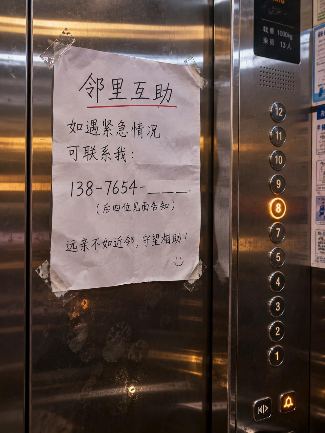 下楼扔垃圾，电梯门一开就看见轿厢壁上贴了张A4纸，手写的，胶带贴得歪歪扭扭。凑近