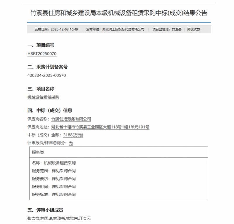 12月3日这天，湖北竹溪县住建局发布了一个设备租赁采购的中标公告，上面列出了5个