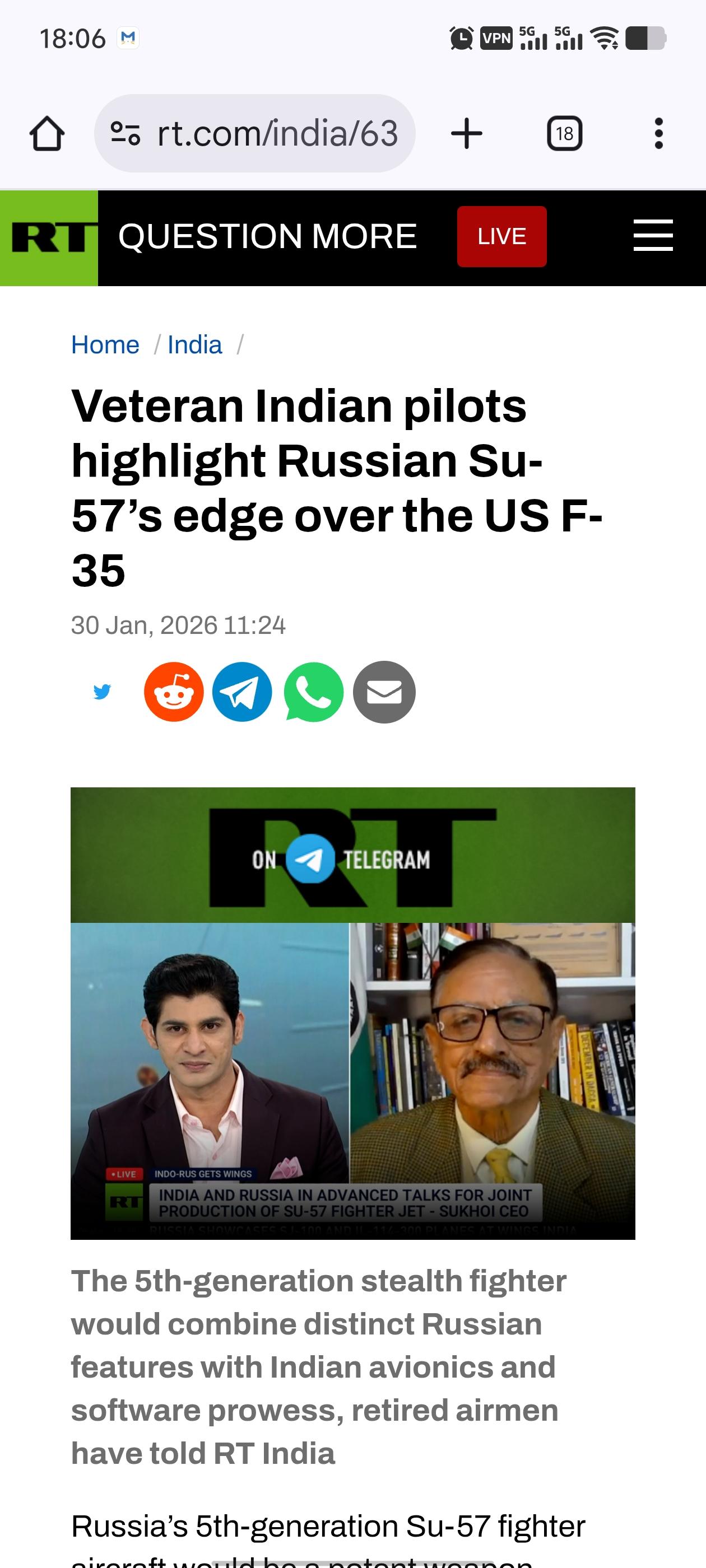 印度专家（一个将军一个上校）对俄罗斯媒体吹牛说，苏57配上印度航电，性能会超过美