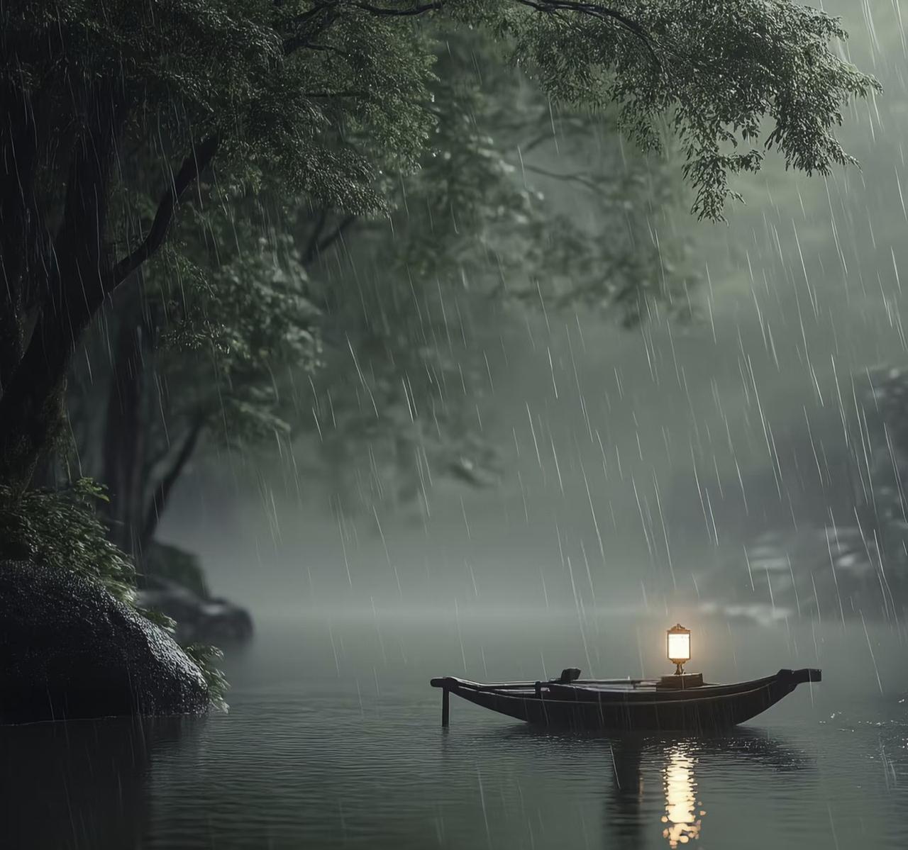 《浪淘沙》
天暗水生烟，雨怒云悬。
青锋十里绿争喧。
一阵风来波影碎，载得狂澜。