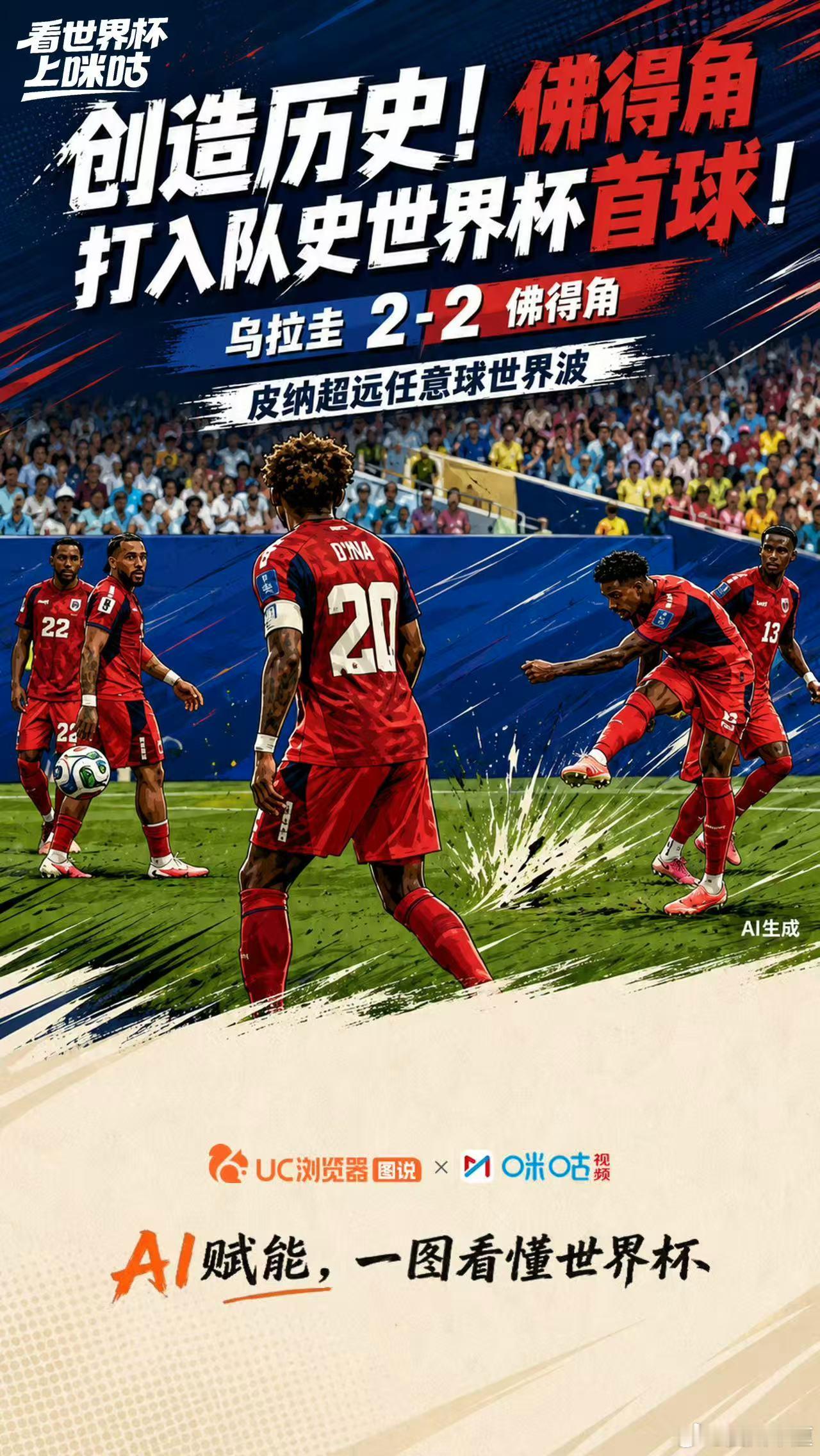 乌拉圭vs佛得角皮纳开场21分钟直接任意球破门，佛得角队史第一粒世界杯进球来了！