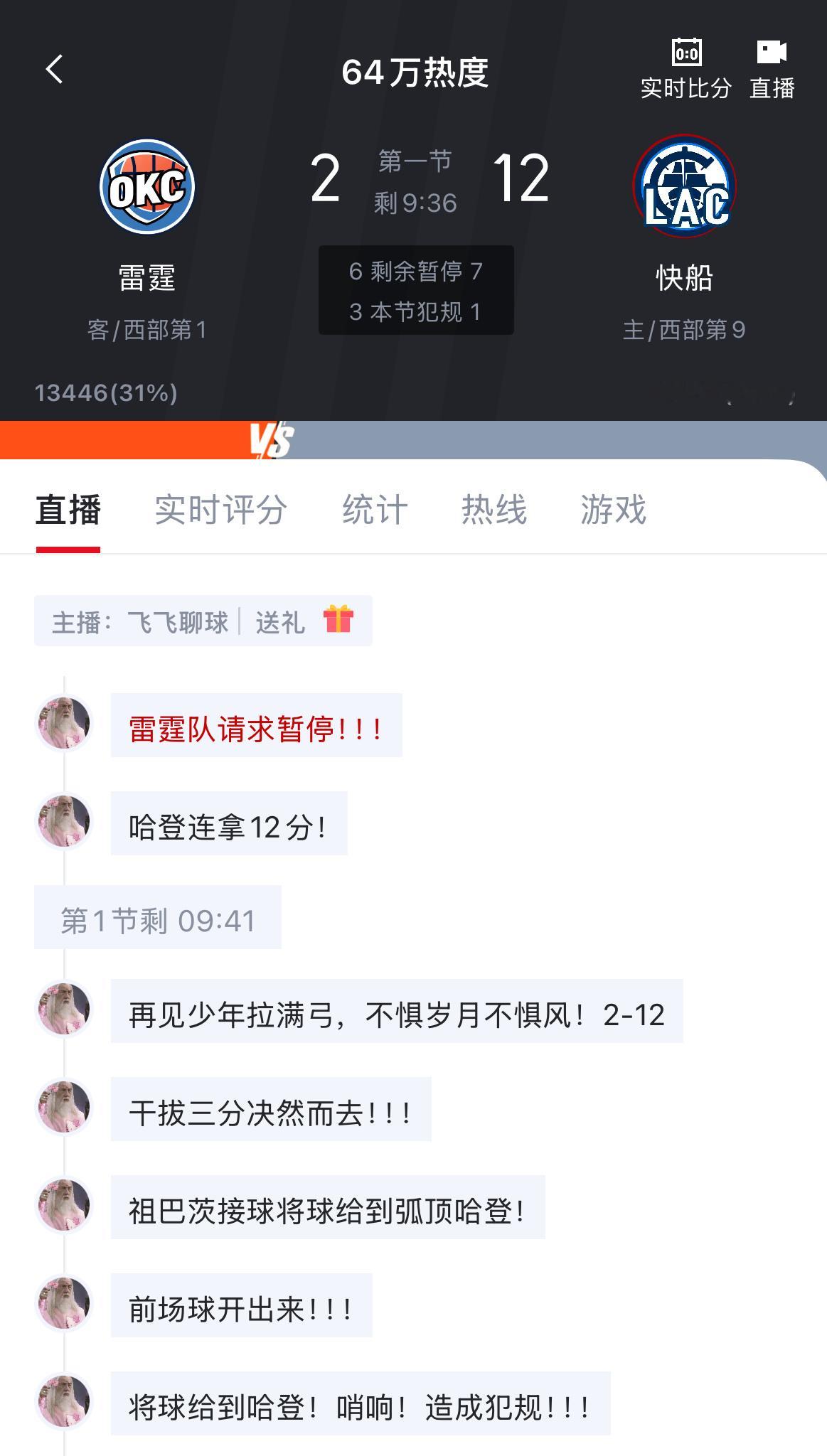 啊啊啊啊哈登开场连得12分[抓狂]2-12打停雷霆。哈登快船vs雷霆 ​​​
