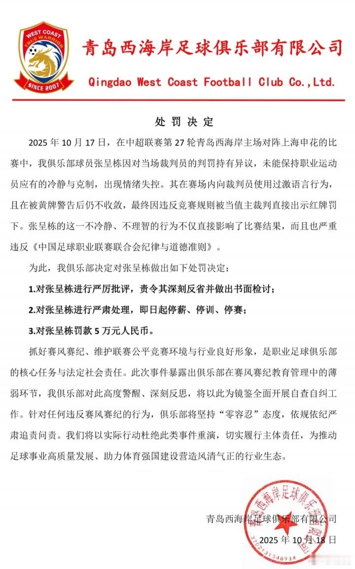 青岛西海岸官方发布处罚决定，对张呈栋￼停薪、停训、停赛，罚款5万。中超联赛 ​​