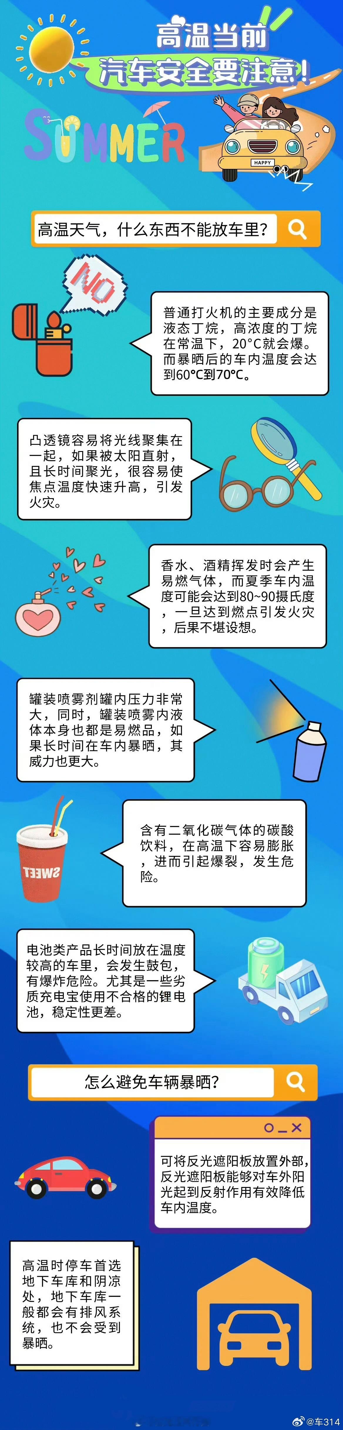天气热起来了，阳光也热辣了，“车里不能放什么东西”又成了大姨妈话题。就我所知的，