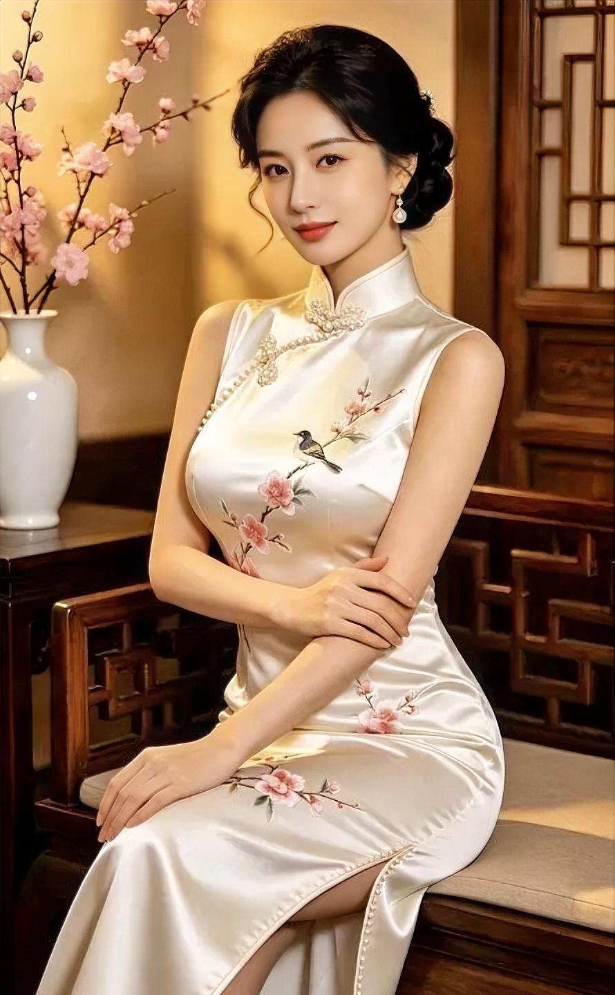 《瓷白梅香》

米白旗袍，绣上梅枝与鸟鸣，

珍珠盘扣，轻挽温润时光。

发髻低