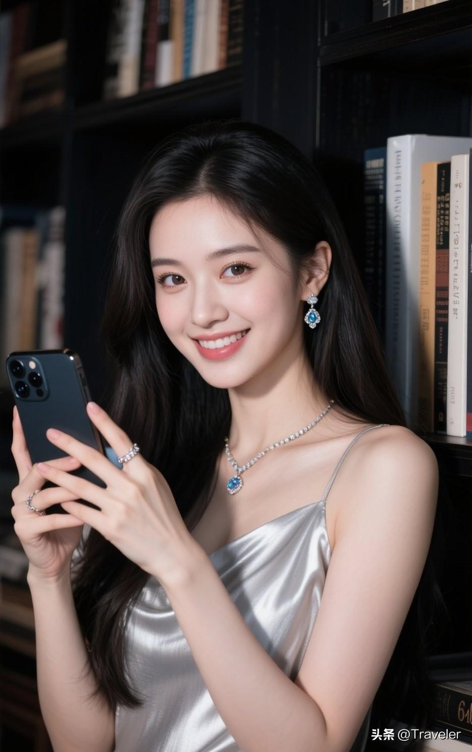 这个女生在读书角自拍，笑容甜美。
