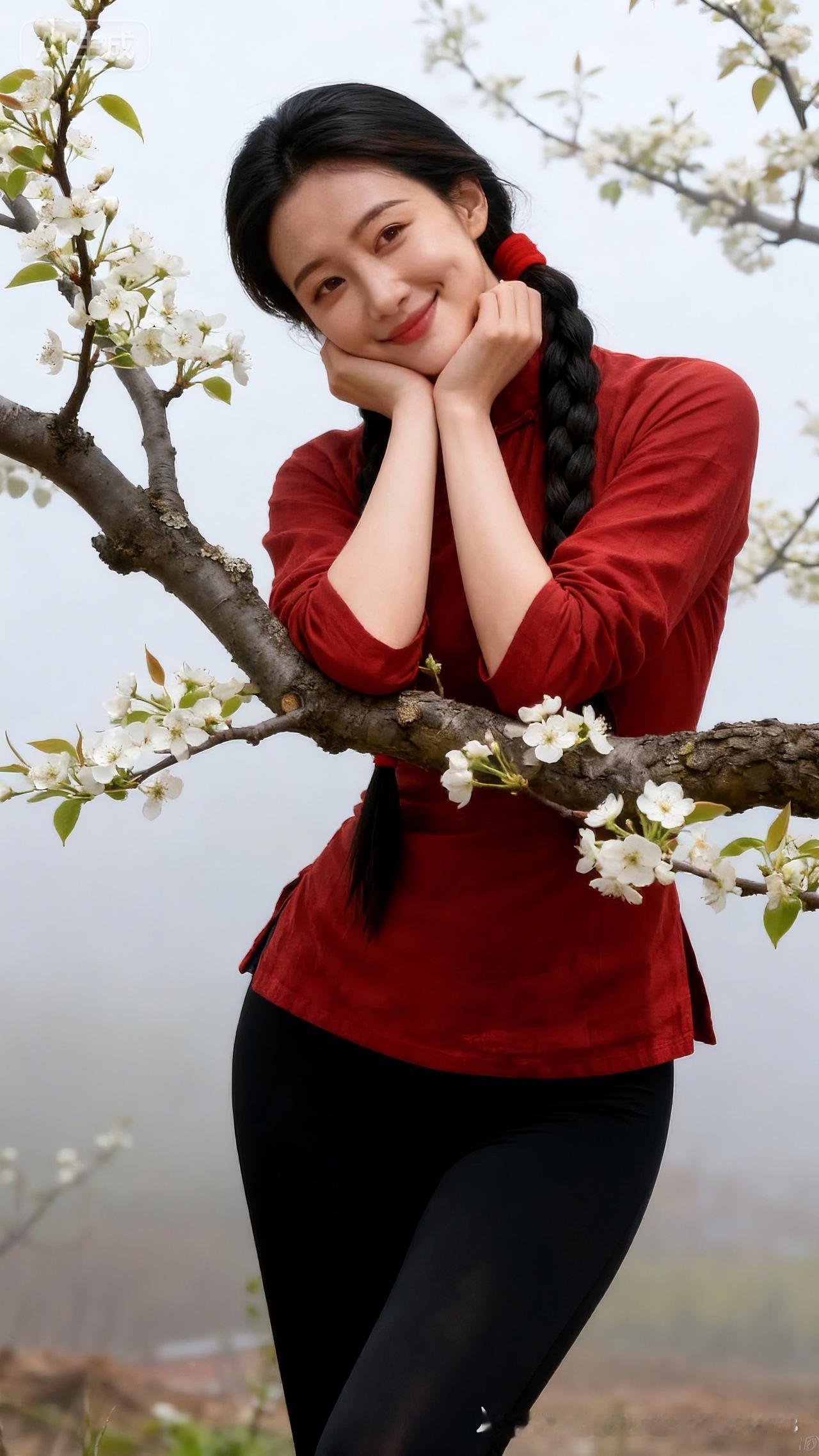 春日暖阳下，红衣少女倚树笑！