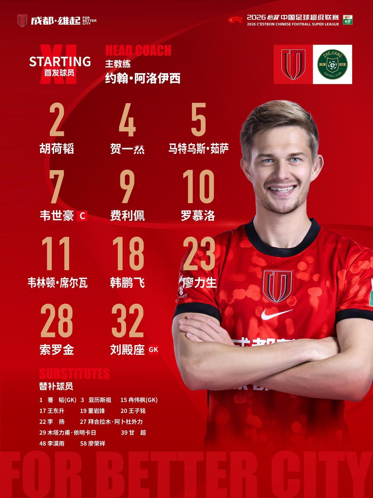 比赛首发名单出炉！成都，雄起！