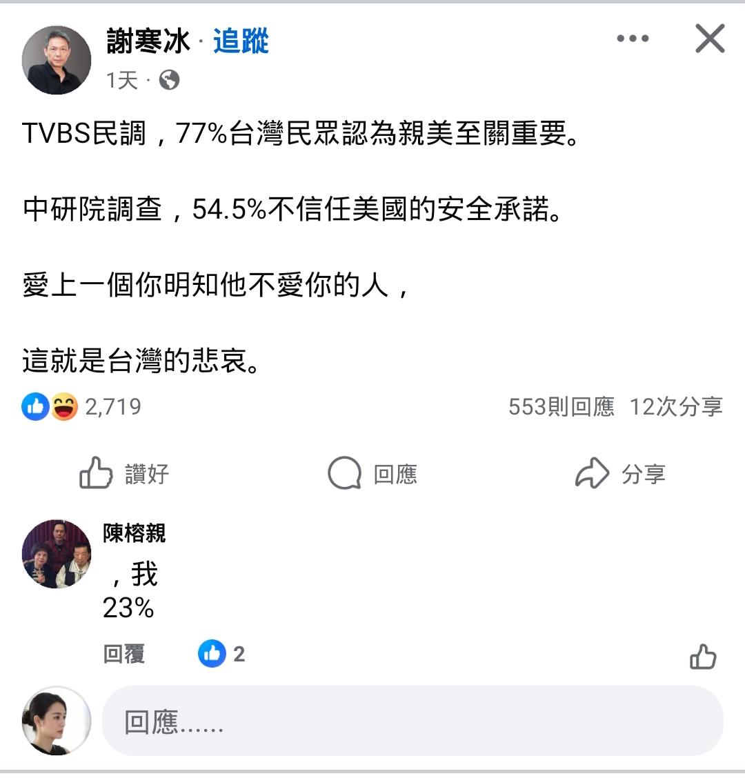谢寒冰悲哀的是什么？

TVBS的机构效应。如果TVBS都高达77%，那“三民自