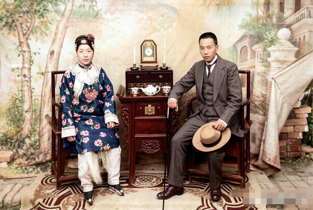 1920年，一对青年夫妇在照相馆内的合影。 丈夫一身笔挺西装，手执文明...