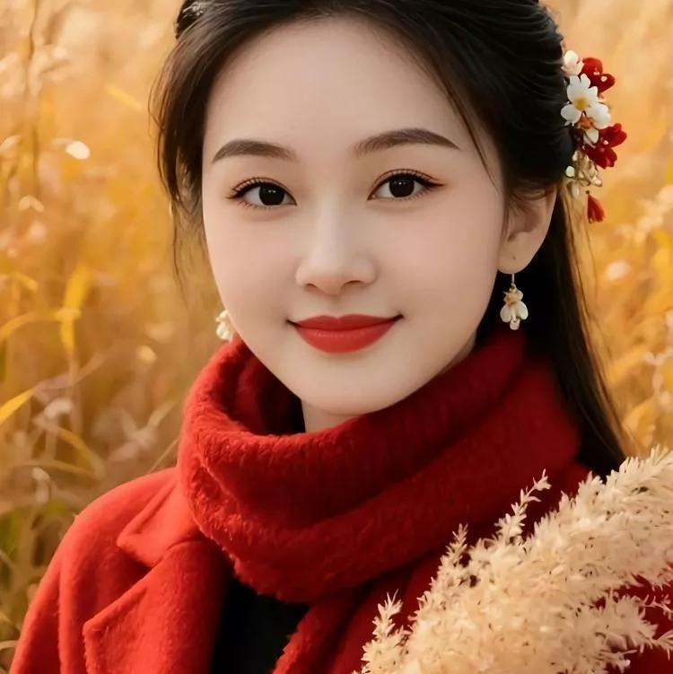 秋日暖阳下，红衣少女笑靥如花秋日少女照 红衣微笑少女 红衣佳人写真 红衣少女自拍