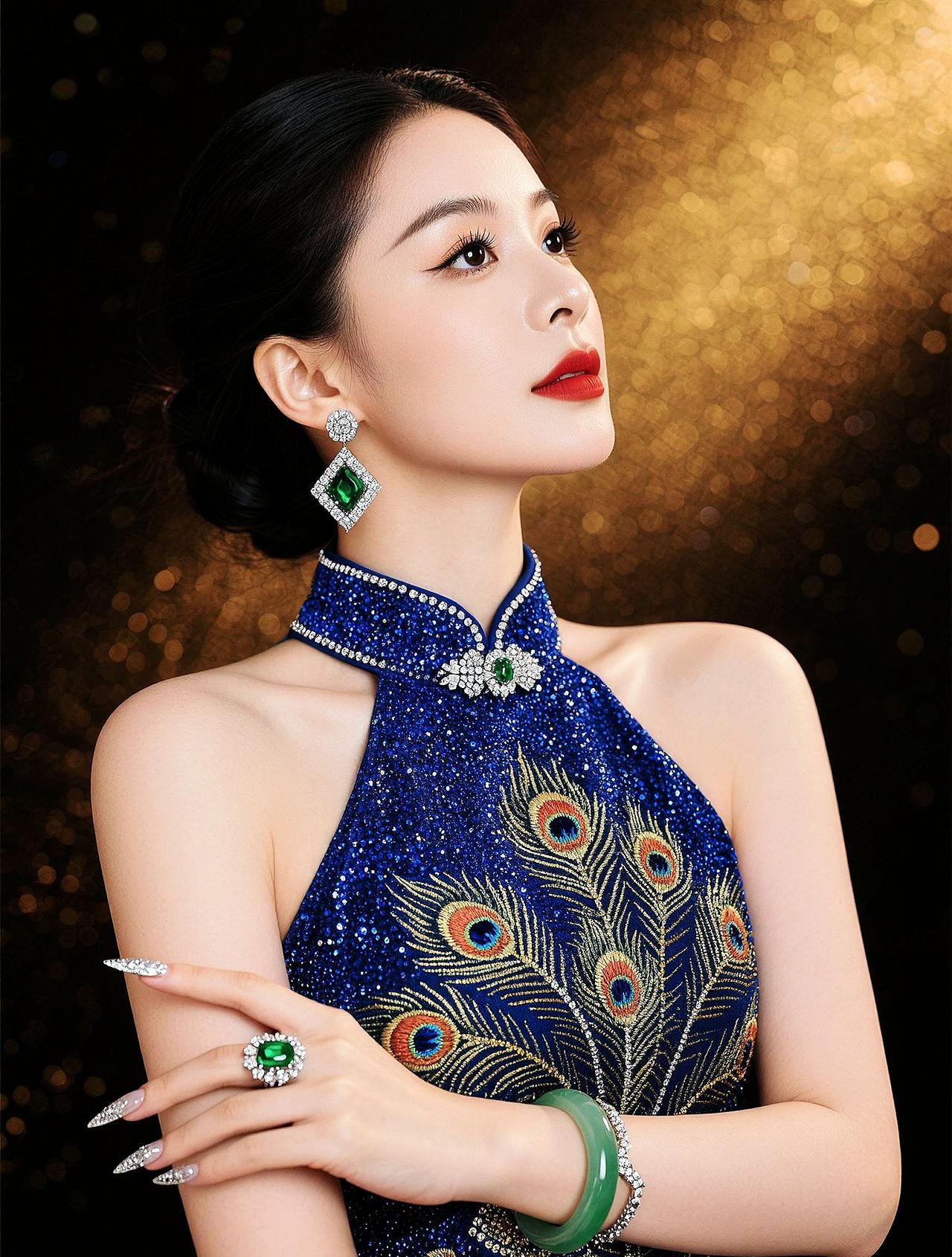 翡翠衬红唇    一抬眼尽是大气从容。旗袍不止温婉，亦可张扬耀眼。
满身孔雀碎钻