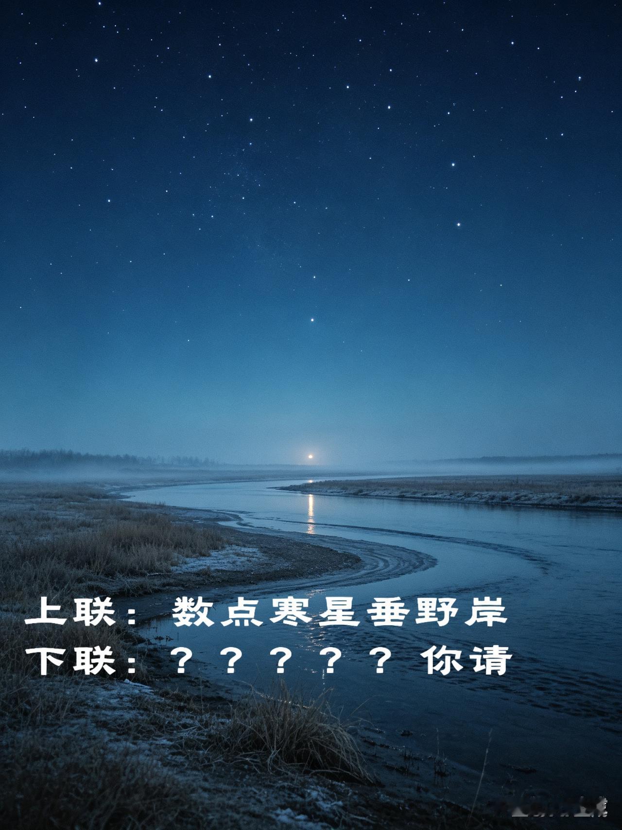 上联：数点寒星垂野岸
下联：？？？？？你请

夜深人静，旷野河岸之上，几颗疏星悬