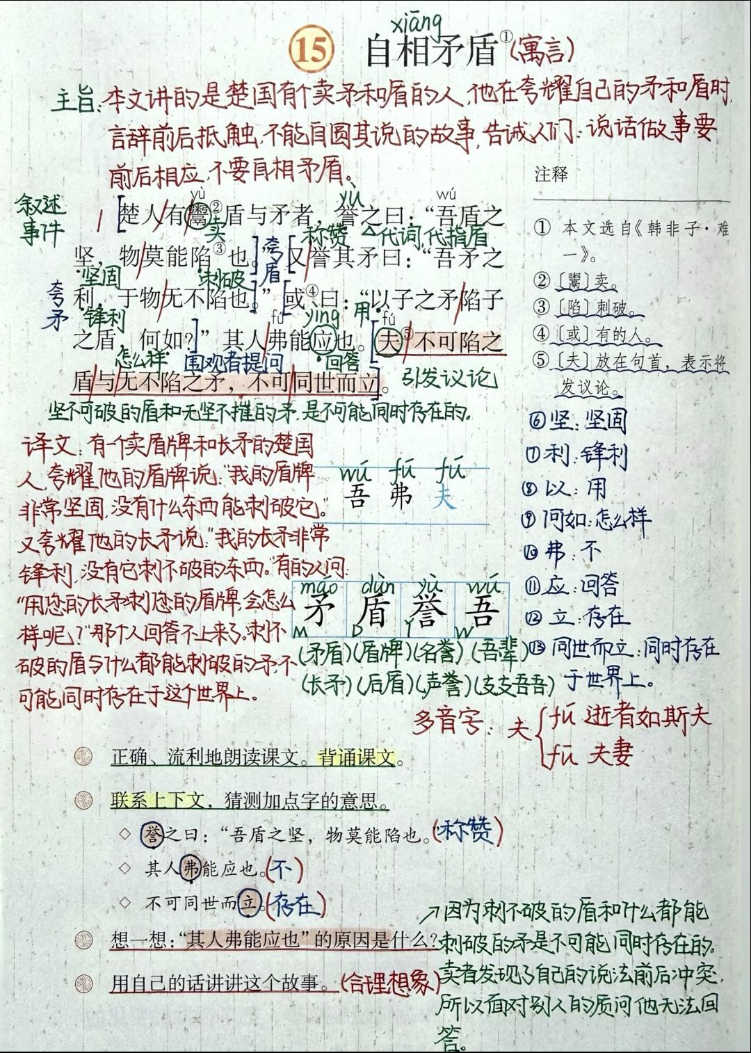 五年级下册语文，第15课《自相矛盾》课堂学习笔记，收藏备用 未来预备班  老铁知