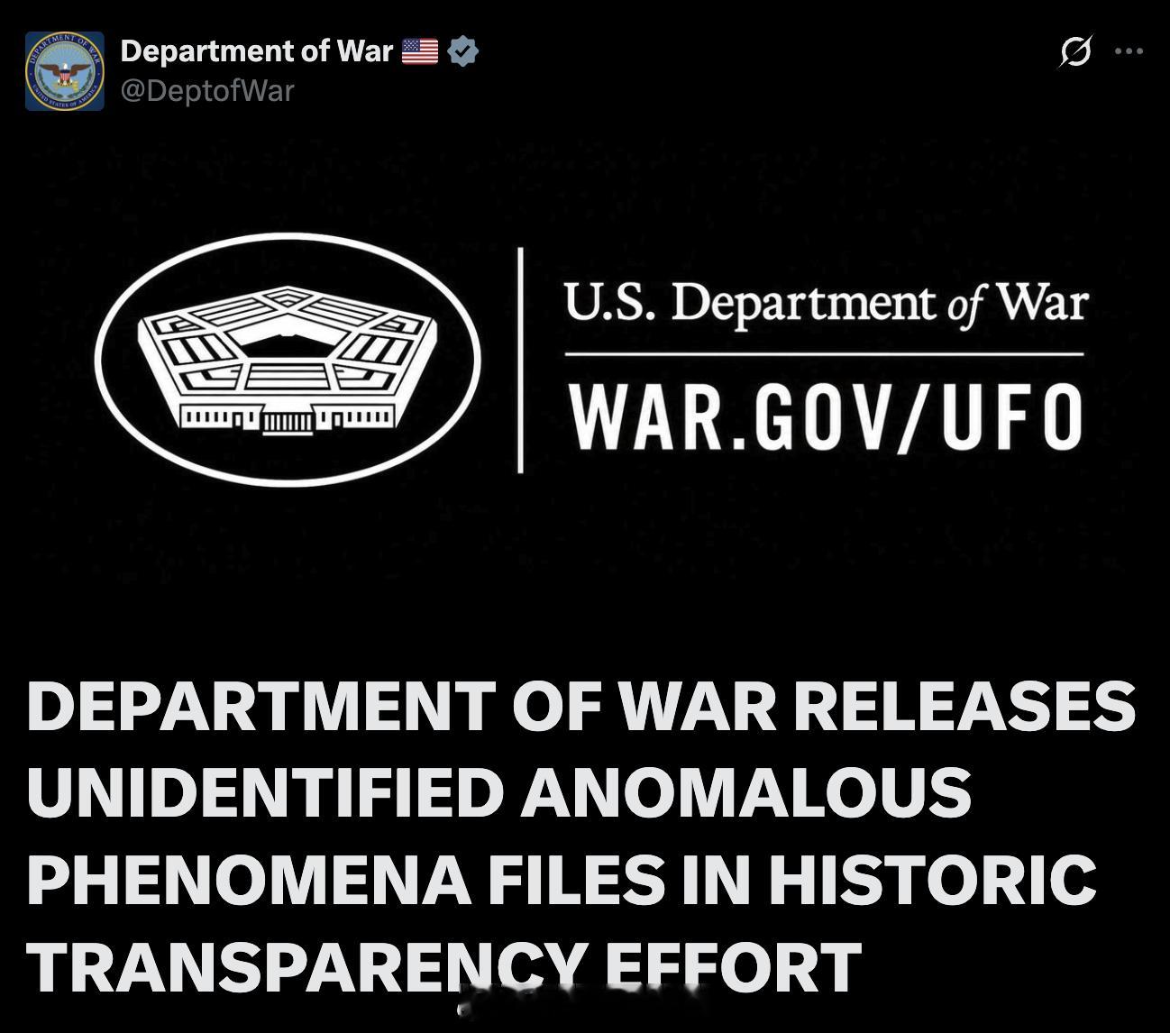 今天美国国防部发声明，宣布解密并公开一批此前未公布UFO档案，可上网：WAR.G
