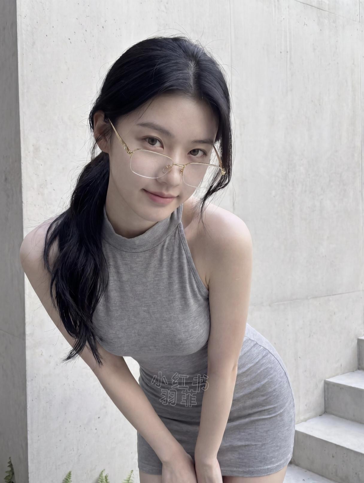 简约灰色连衣裙，搭配金边眼镜，清新自然，元气满满！🌟👗👓