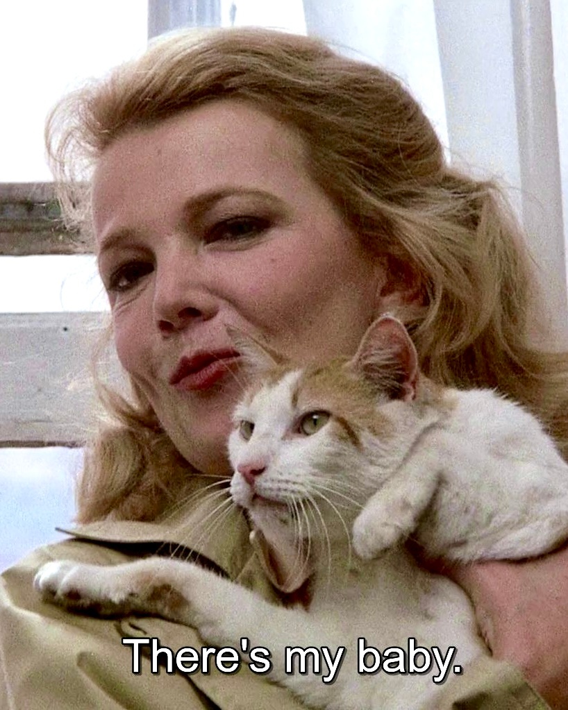 1980年，《女煞葛洛莉》中的吉娜·罗兰兹与猫猫。谁本人： 