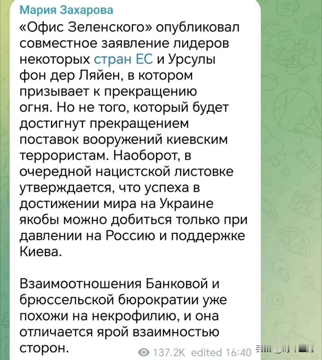 俄罗斯就欧洲领导人联合声明做出回应

俄罗斯外交部发言人扎哈罗娃回应：泽连斯基办