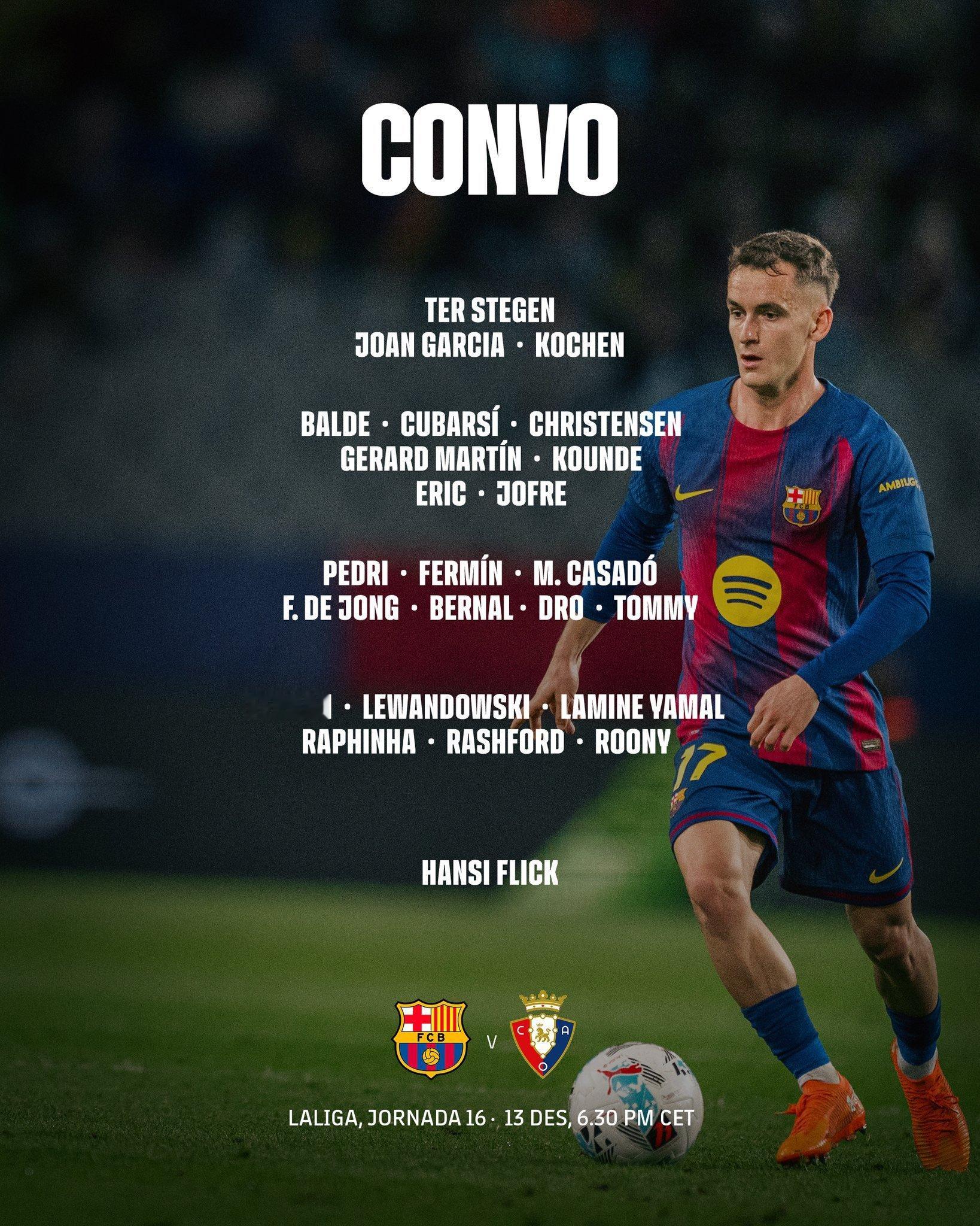 官方：巴萨对阵奥萨苏纳大名单🔥🔥🔥🔥🔥🔥🔥🔥🔥🔥🔥什琴斯尼