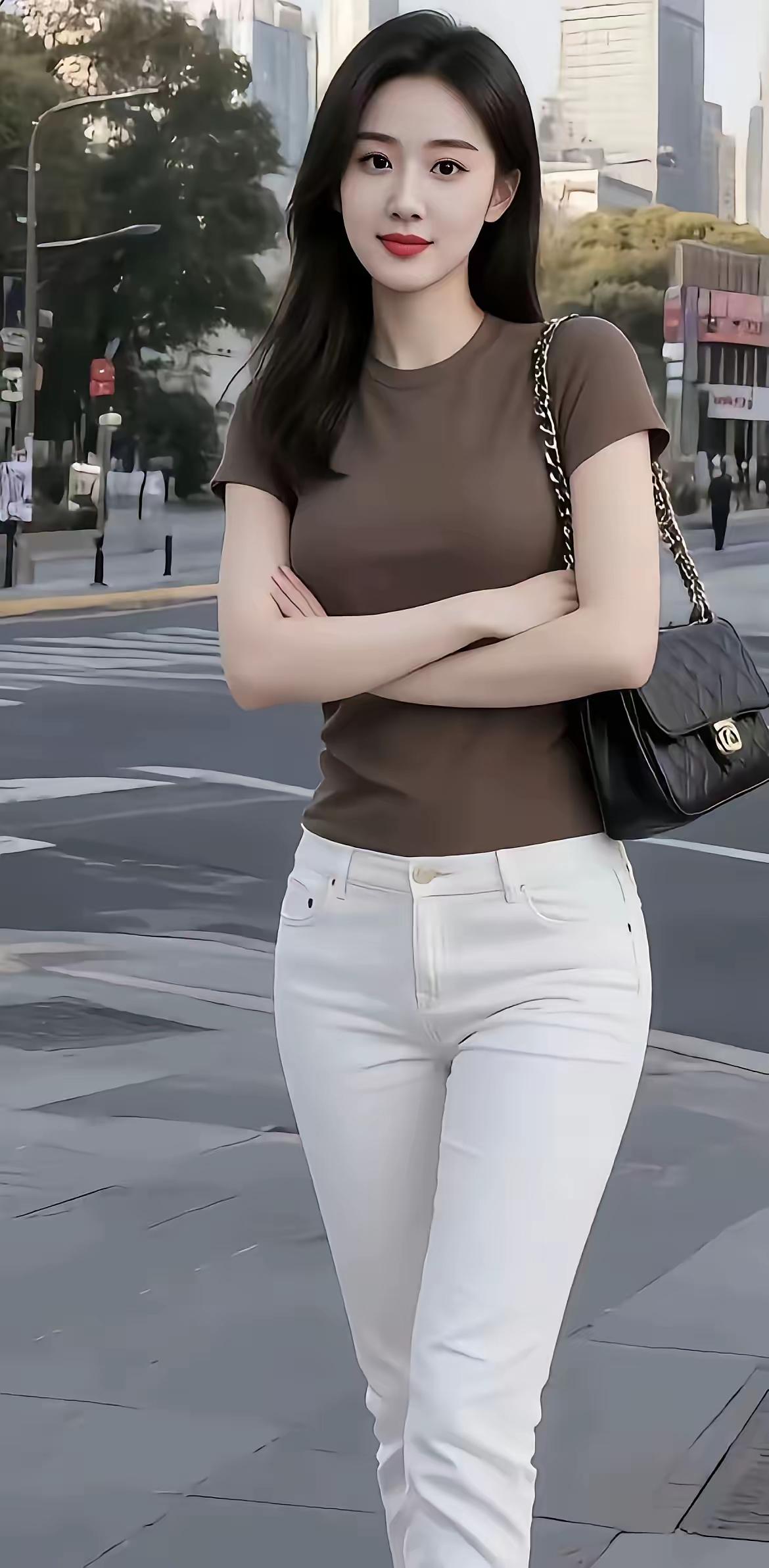 都市时尚少女，棕色T恤+白色牛仔裤，搭配黑色链条包，自信满满！👗👠👜