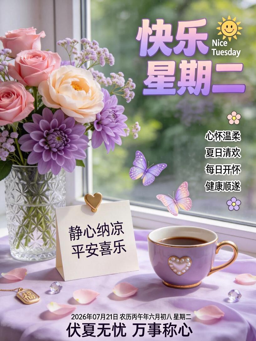 周二安康，今日7月21日🌤，盛夏伏夏，愿你守住内心一份清凉。清晨的祝福送给你，
