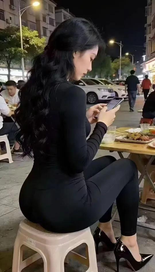 一个穿黑色衣服的女孩在户外玩手机。