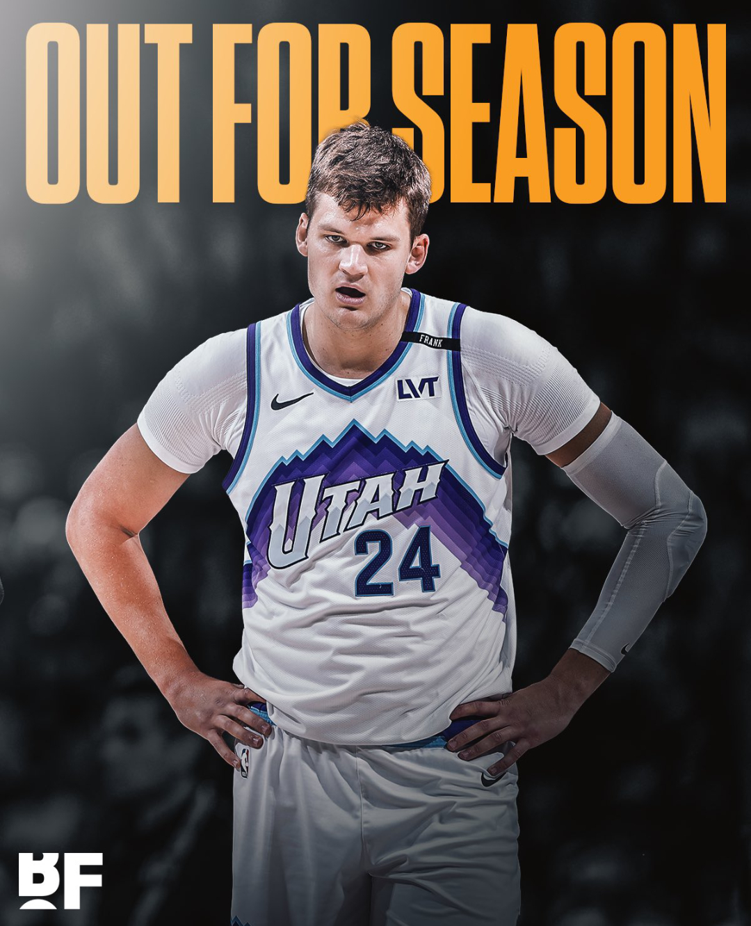 犹他爵士队球员凯斯勒因肩关节盂唇撕裂将接受肩部手术，赛季报销。早日康复[加油]N