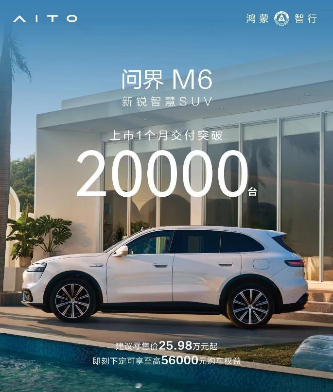 问界M6 这个数据是真的强，首月交付破2万台，11日上市19天破万，到今日才用了