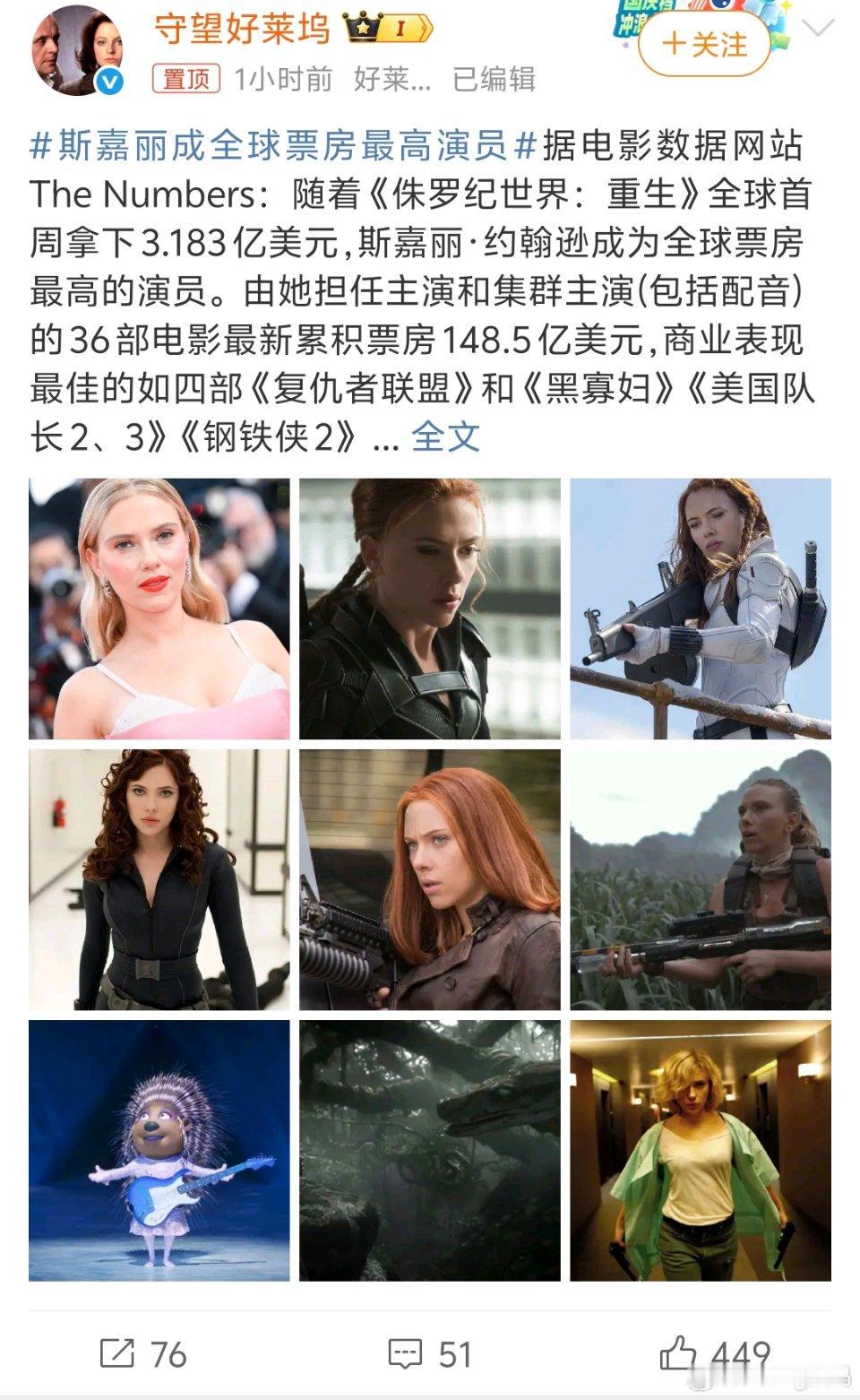 斯嘉丽成全球票房最高演员寡姐什么含金量不用多说了是真有实力啊 ​​​