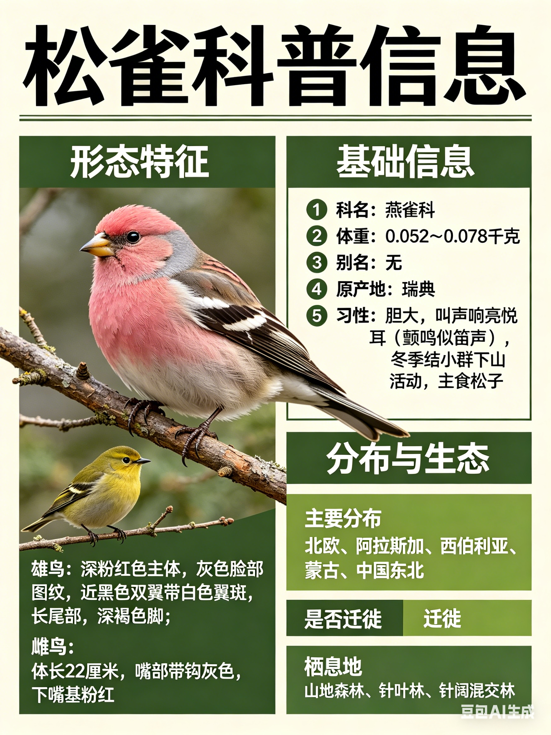 鸟类朋友图鉴 松雀科名：燕雀科体重：0.052～0.078千克别名：无松雀体型略