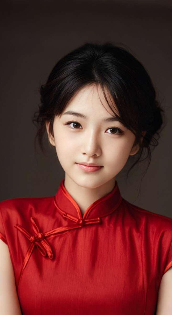 AI扩图 AI红裙浅笑