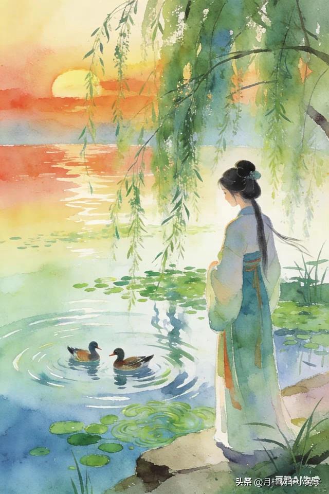 相思字字托东风，
吹皱池塘柳影重。
忽见双鸳浮翠藻，
斜阳西下孤身中。