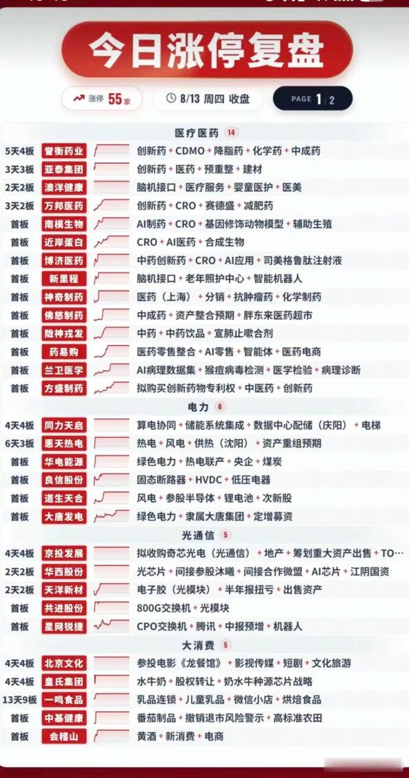 8.13周四  涨停板股票：题材+板块分布！医药医疗   15股涨停大消费   