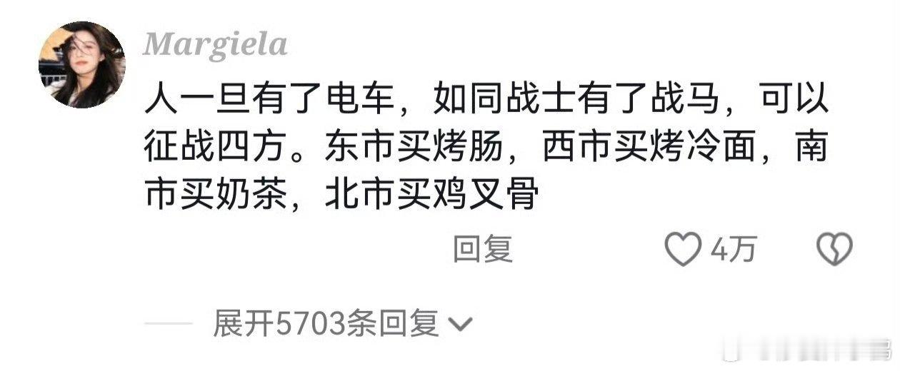 人一旦拥有了电车人一旦有了电车，如同战士有了战马，可以征战四方，东市买蜜雪，西市