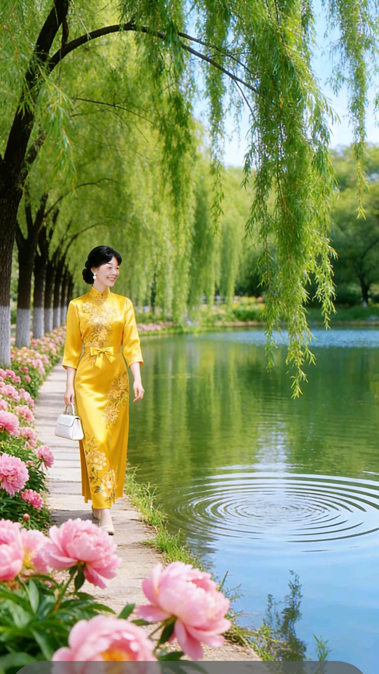 柳湖旗袍倩影
垂柳袅袅拂清塘，
牡丹夹径散幽芳。
锦裁旗袍蕴雅韵，
徐行湖畔沐晴