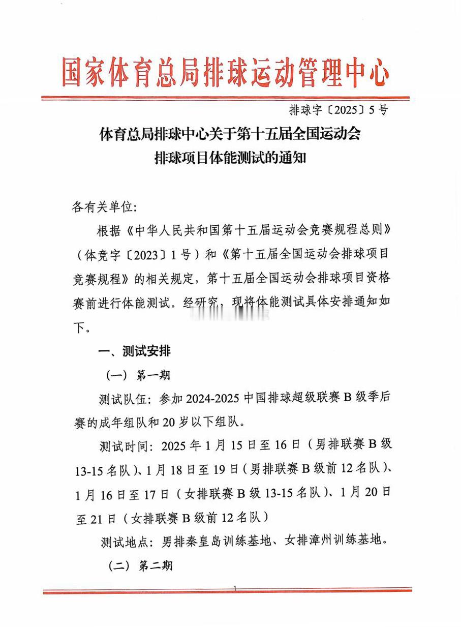 体育总局排管中心关于第十五届全国运动会排球项目体能测试的通知 