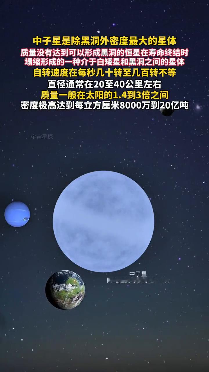 中子星是除黑洞外密度最大的星体，质量没有达到可以形成黑洞的恒星在寿命终结时塌缩形