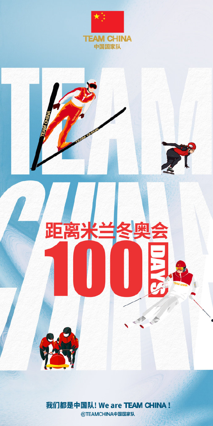 中国国家队祝福冬奥健儿米兰科尔蒂纳冬奥会倒计时100天之际，发博，为中国冰雪加油