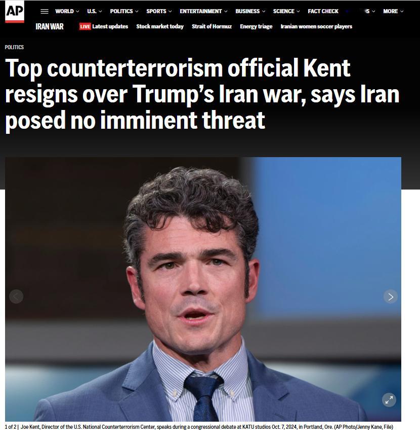 美国国家反恐中心主任乔·肯特（Joe Kent）在周二宣布辞职，他说自己“凭良心