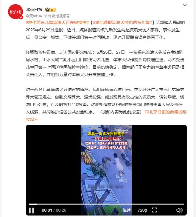 湖北通报流浪犬咬伤两名儿童 天城镇政府发布通报，当地接连发生两起流浪犬伤人事件，