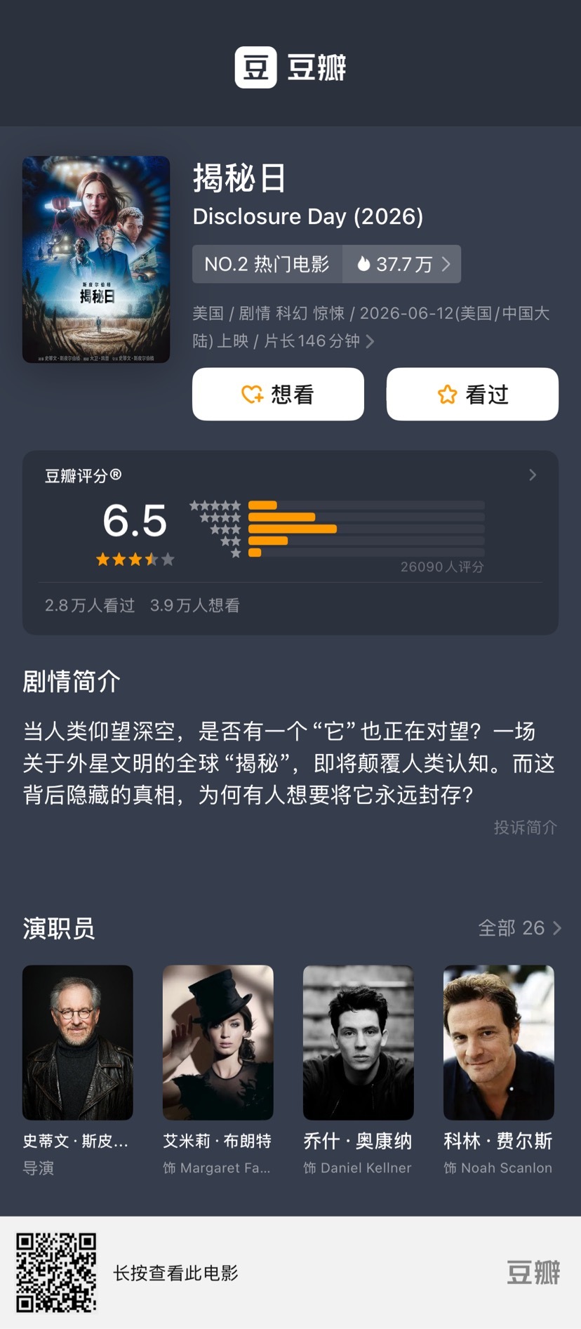 斯皮尔伯格科幻新作《揭秘日》豆瓣开分6.5，高了还是低了？ 