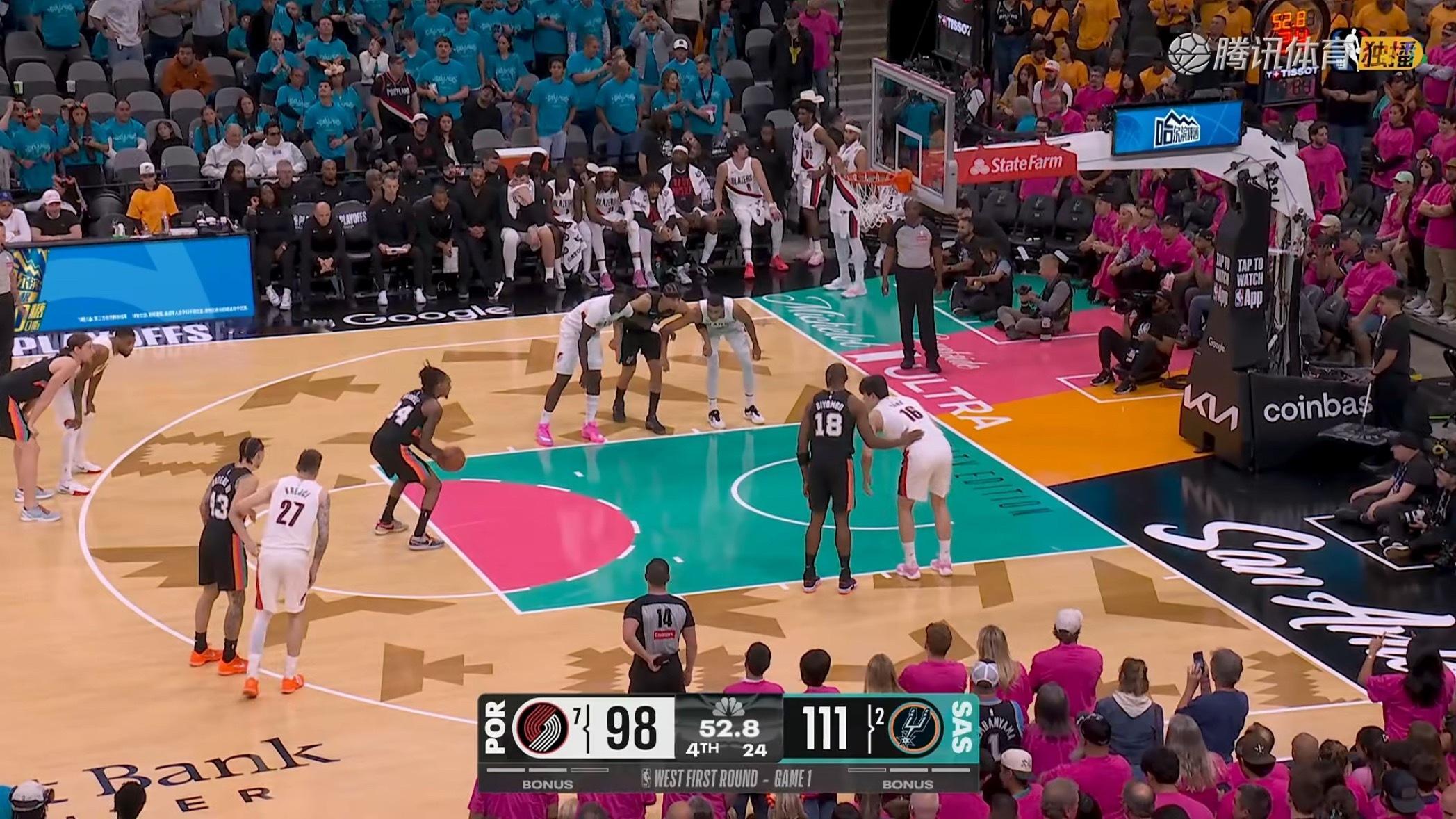 别管怎么样，杨瀚森还上去感受了一把季后赛的氛围开拓者vs马刺