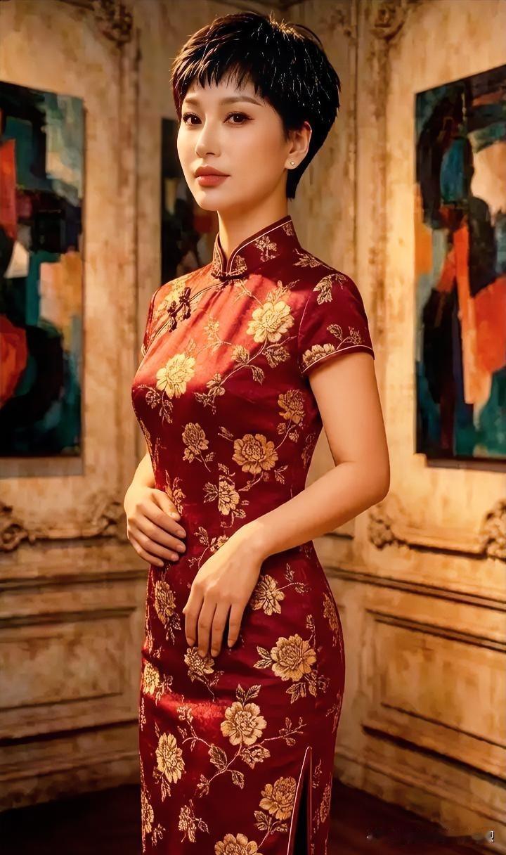 红裳金蕊，凝脂含笑。短发轻扬，恰似旧时光里走出的诗行，温婉而坚韧，于画境深处静静