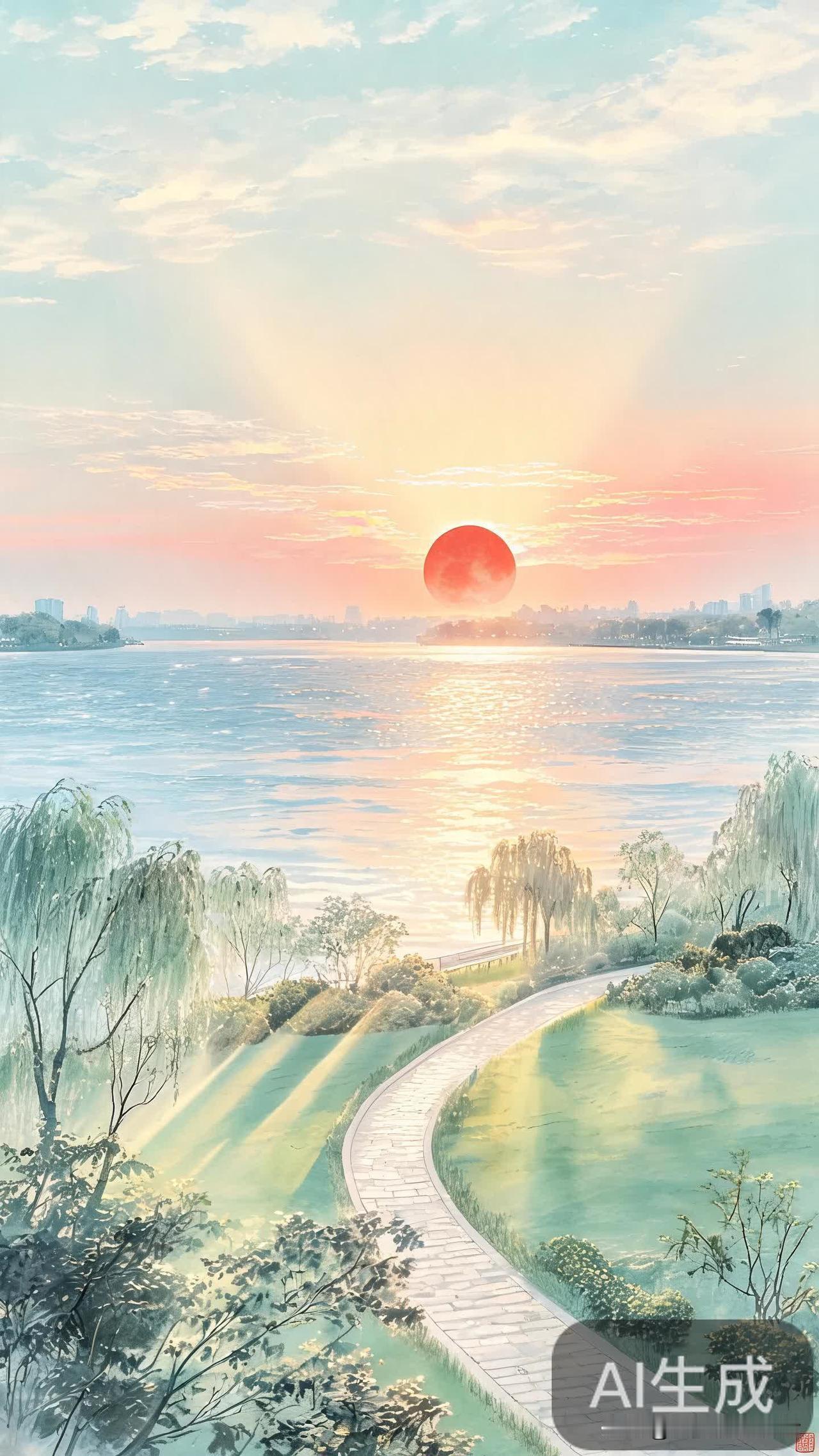 夕阳西下，漫步湖畔，感受宁静与美好。🌅🍃