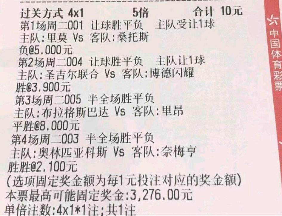 3场欧冠资格赛+1场巴西杯，今天这样打没毛病吧？
票面显示:
001里莫vs桑托