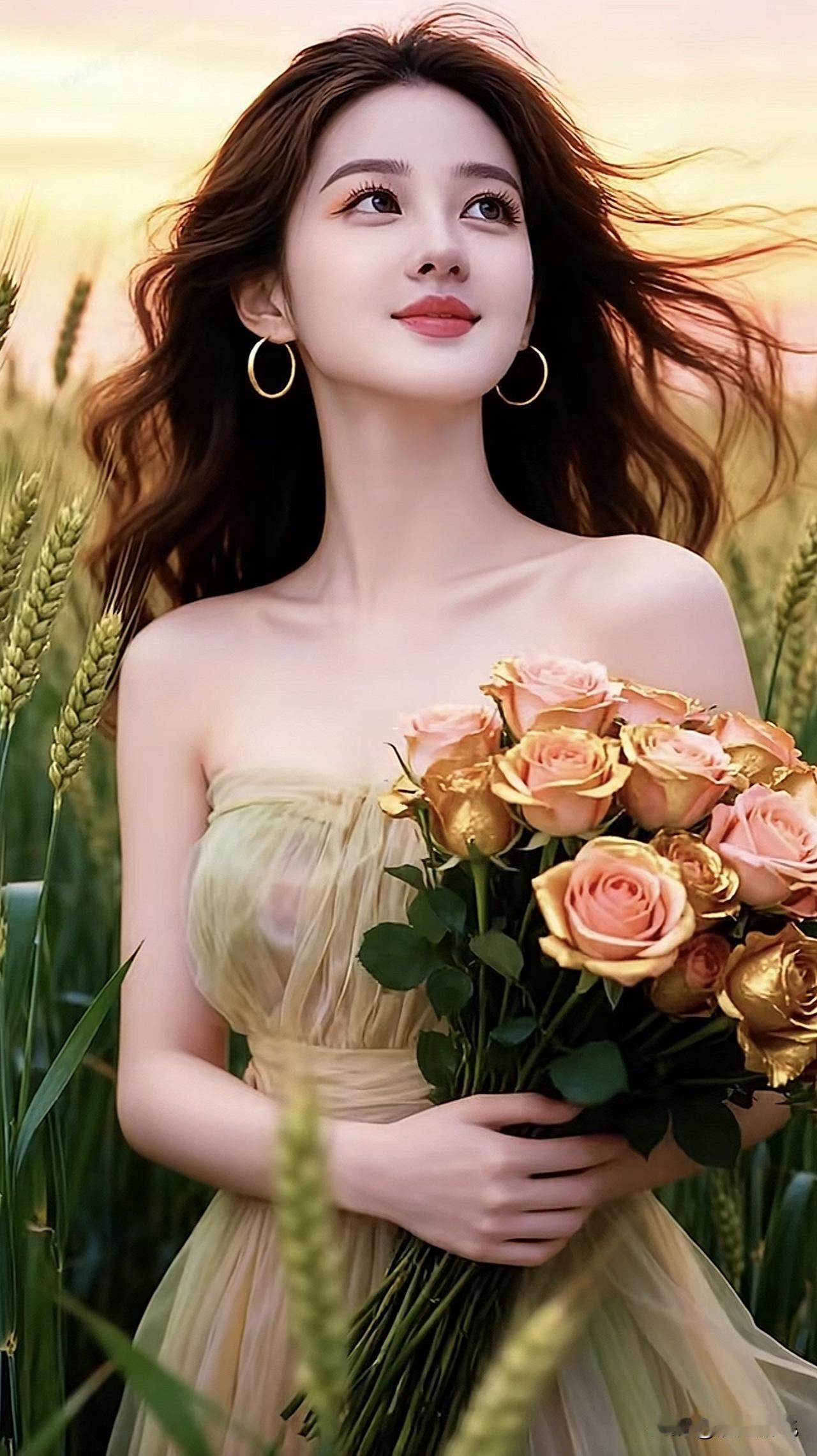 少女与花田的浪漫邂逅，金色的玫瑰在夕阳下绽放。粉色玫瑰花田 红色玫瑰花田 夕阳花