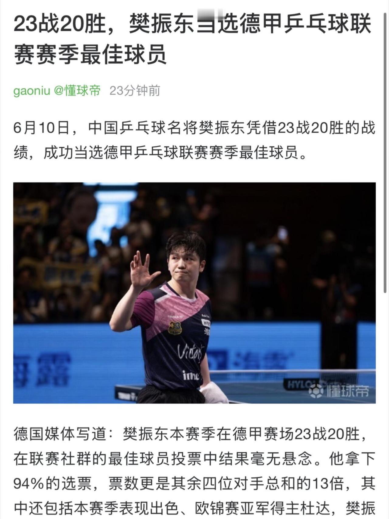 第一次见樊振东还有这个姿势的照片，德国报道好会选择照片，是打招呼更是强有力的回应