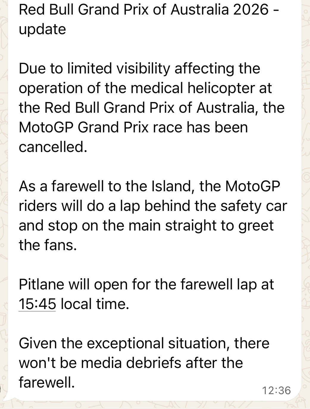 官方：MotoGP澳大利亚大奖赛取消MotoGP[超话]2026MotoGP澳大